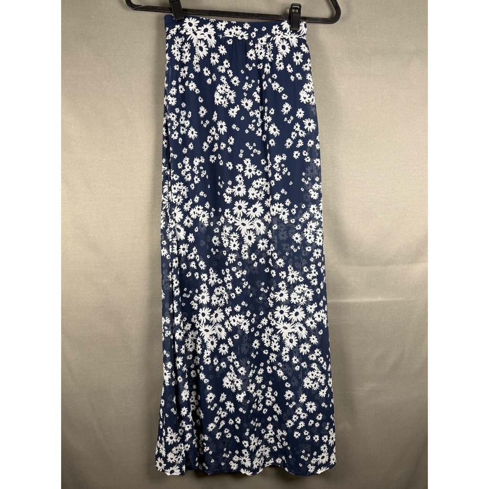 Hollister Maxi Skirt Women XS Navy Blue White Daisy Floral Elastic Waist Chiffon